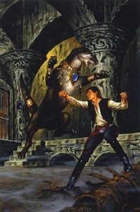 Han Solo battles Dracmus, a Selonian.