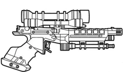 The S-5 heavy blaster pistol from the Arms & Equipment Guide; an example of Trevas's line art.