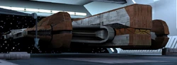 The Ebon Hawk in the Leviathan's hangar.