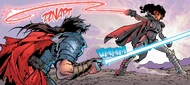Githany fights Kiel Charny with her lightwhip.