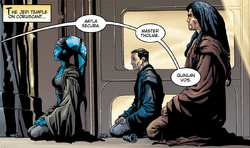 Quinlan Vos is made a Jedi Master and Aayla Secura is made a Jedi Knight in the presence of Tholme.