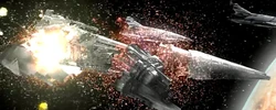 The Ravager, escorted by Interdictor-class Cruisers, explodes at Telos IV.