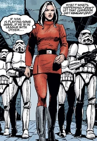 Isard flanked by Imperial stormtroopers