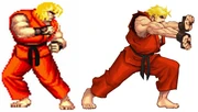 Ken in the original version of Super Street Fighter II (left) and an early prototype of the HD Remix version (right).