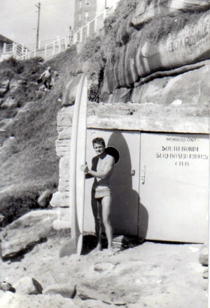 Magoo posing with his board at South Bondi, circa 1959.
