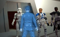 The Lieutenant and  Commanders talking to the hologram of Dular.