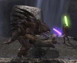 Nathan battles the she-terentatek in the undergrounds of Korriban.