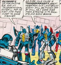 You can tell Skywarp apart from Thundercracker in the Marvel Comics by, uh.... let us get back to you on that.
