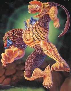 One arm has its own arm, and the other is coming out of a mandrill's mouth.