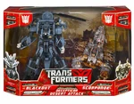 Ignoring the vast difference in scale between Scorponok's two figures while linked to Blackout takes some imagination.