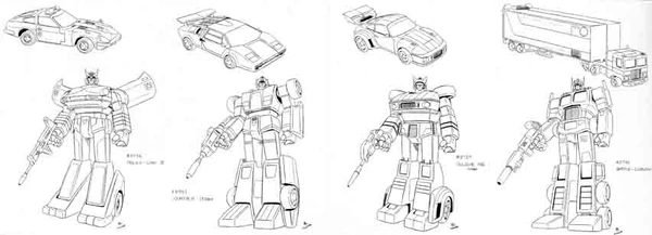 Kohara's designs for Prowl, Sideswipe, Jazz, and Optimus Prime.