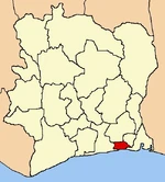 Map of Cote d'Ivoire with Abidjan highlighted in red.