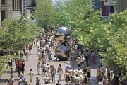 Photograph of Rundle Mall, Adelaide circa 1988, with Spheres sculpture clearly visible.