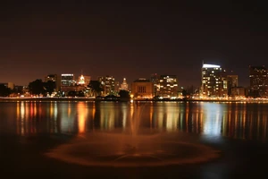 Downtown Oakland, California at night.
