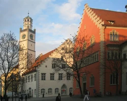 Ravensburg, Germany: Marienplatz square Blaserturm tower with Waaghaus (left), and Rathaus (Town Hall, right)