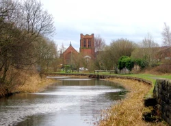 Ruchill Church, Glasgow, seen from the Forth and Clyde Canal.