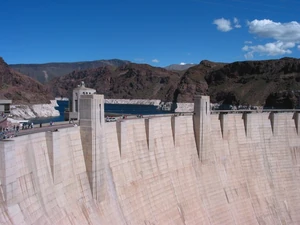 The Hoover Dam, a concrete gravity-arch dam in the Black Canyon of the Colorado River