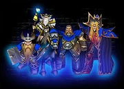 Notable figures from the Third War, from left to right: Muradin Bronzebeard, Antonidas, Uther Lightbringer, and Prince Kael'thas. As an interesting aside, the only surviving Hero of this image (Kael'thas) withdrew from the Alliance after Garithos betrayed him. Also interesting is the fact that the other three were all killed by the same man: Arthas Menethil.