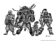 "Horde Races" by Chris Metzen. The tauren and orcs are allies of the Horde. The half-orcs are affiliated with either Horde or Alliance. and goblins are Independent.