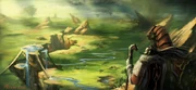 Official artwork of a ravine and a floating lake island in south-central Nagrand.