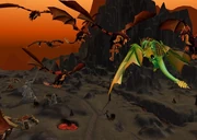 Goruniss being taunted by black drakes while Nefarian flyes away.