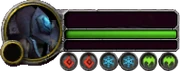 Recent Death Knight character portrait, displaying a combination of six runes from  beta. Shows empty runic power bar below health bar.