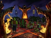 The Orcish leadership plans its actions. Thrall stands before Orgrim Doomhammer, Kargath Bladefist, and Kilrogg Deadeye on an Altar of Storms