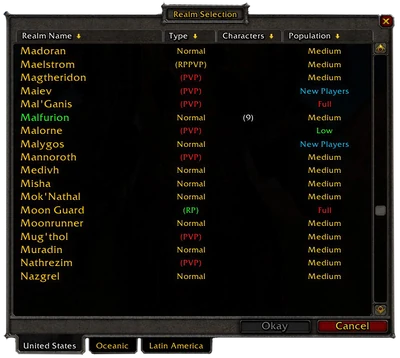 Realm selection screen for North American realms