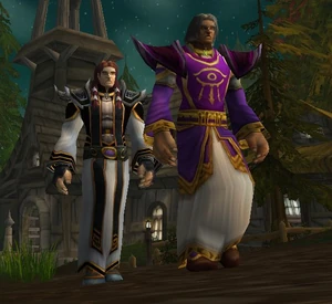 Saavedro as a priest, around the time of Thrall's escape from Durnholde. The figure walking in front of him is the Dalaran archmage Kel'Thuzad.