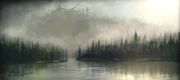 A town in the mist drawn by Peter Lee.