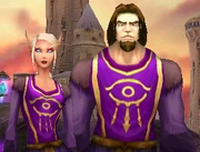 Perenus and Elyssia, standing in front of the Dalaran towers. They are secretly holding hands in this picture.