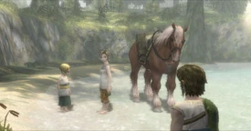 Link, Ilia, Colin and Epona near the Spirit's Spring in the Ordona Province
