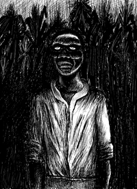 A Haitian zombie at twilight in a field of sugar cane