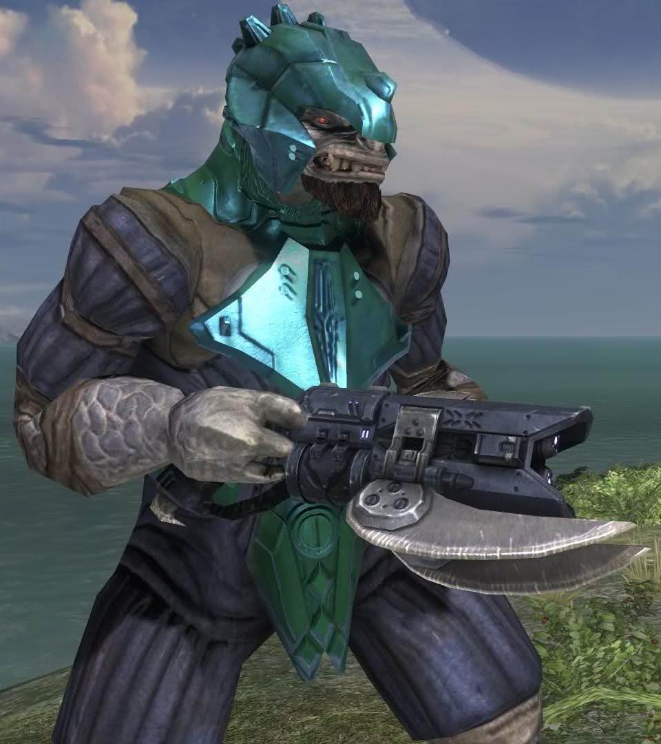 A Brute Minor Holding a Spiker Rifle in Halo 3. 