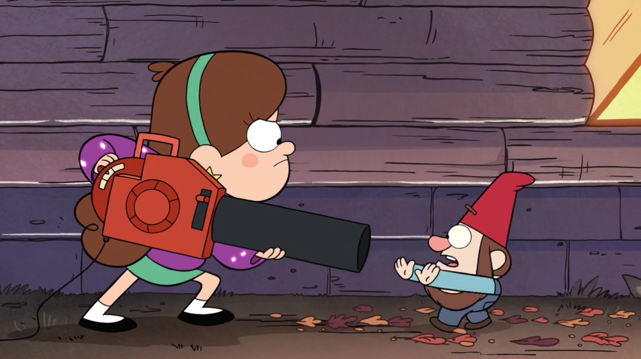 S1e1 mabel using leaf blower on gnome.png