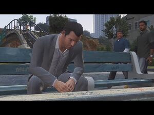 Franklin and Lamar-GTA V-Michael on a bench